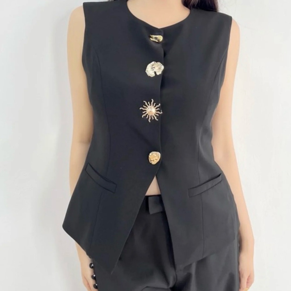 Black Sleeveless Blazer with Gold Buttons